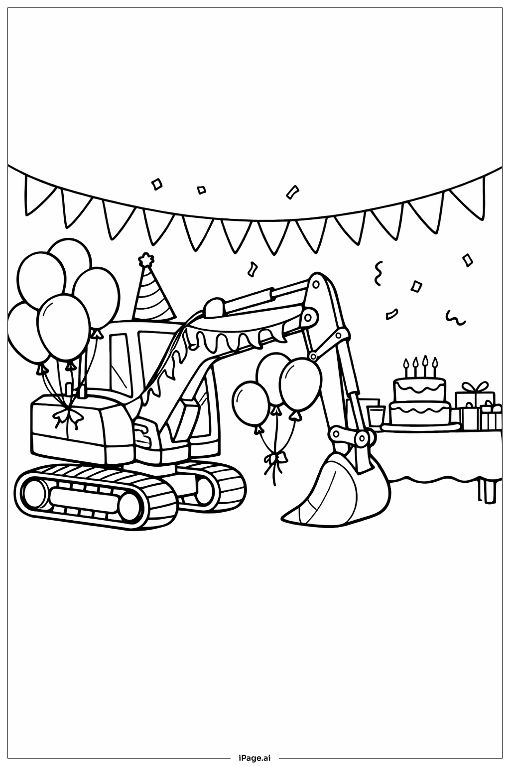  Excavator With Balloons Coloring Page 