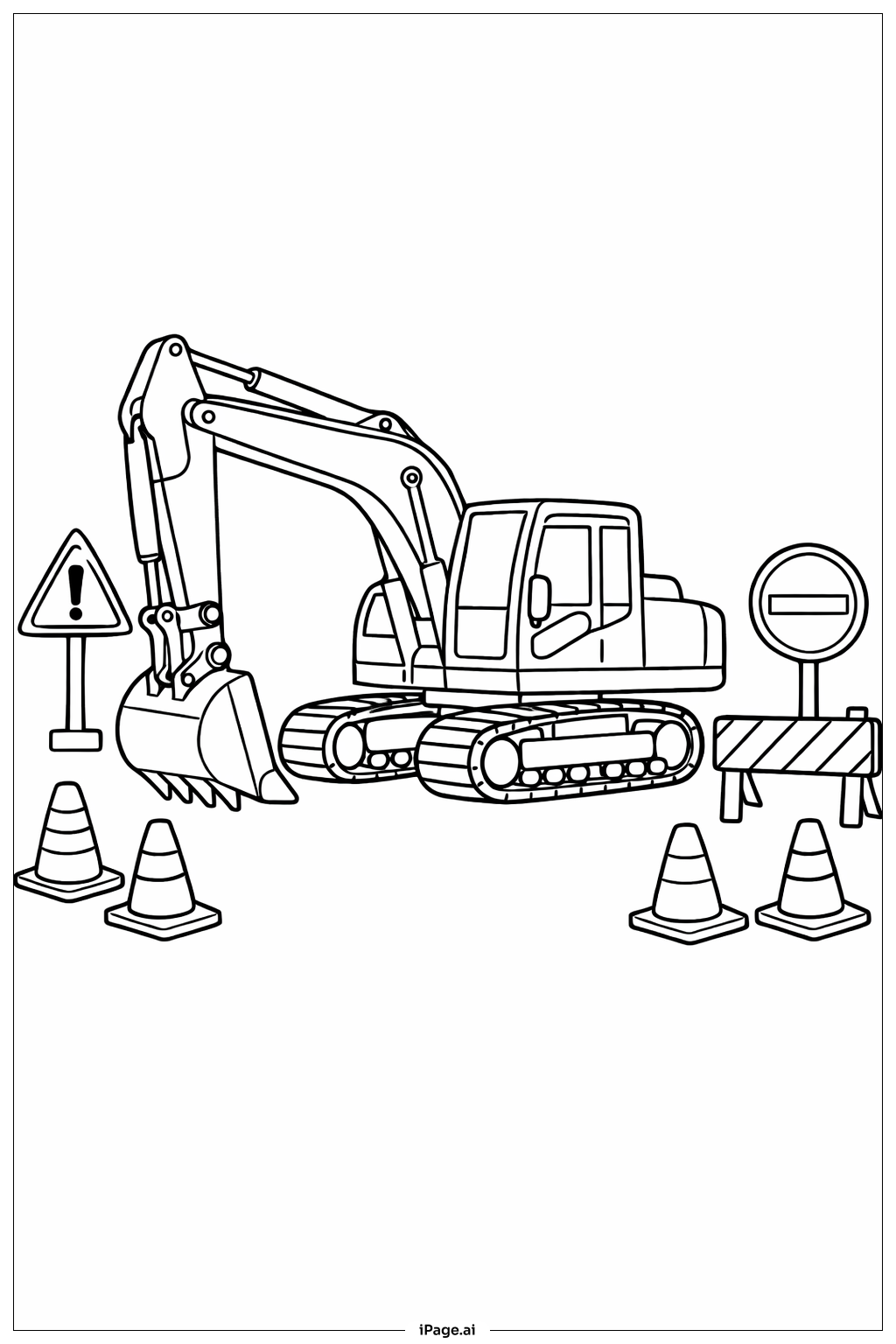  建設標識付きショベルカーの塗り絵ページ 
