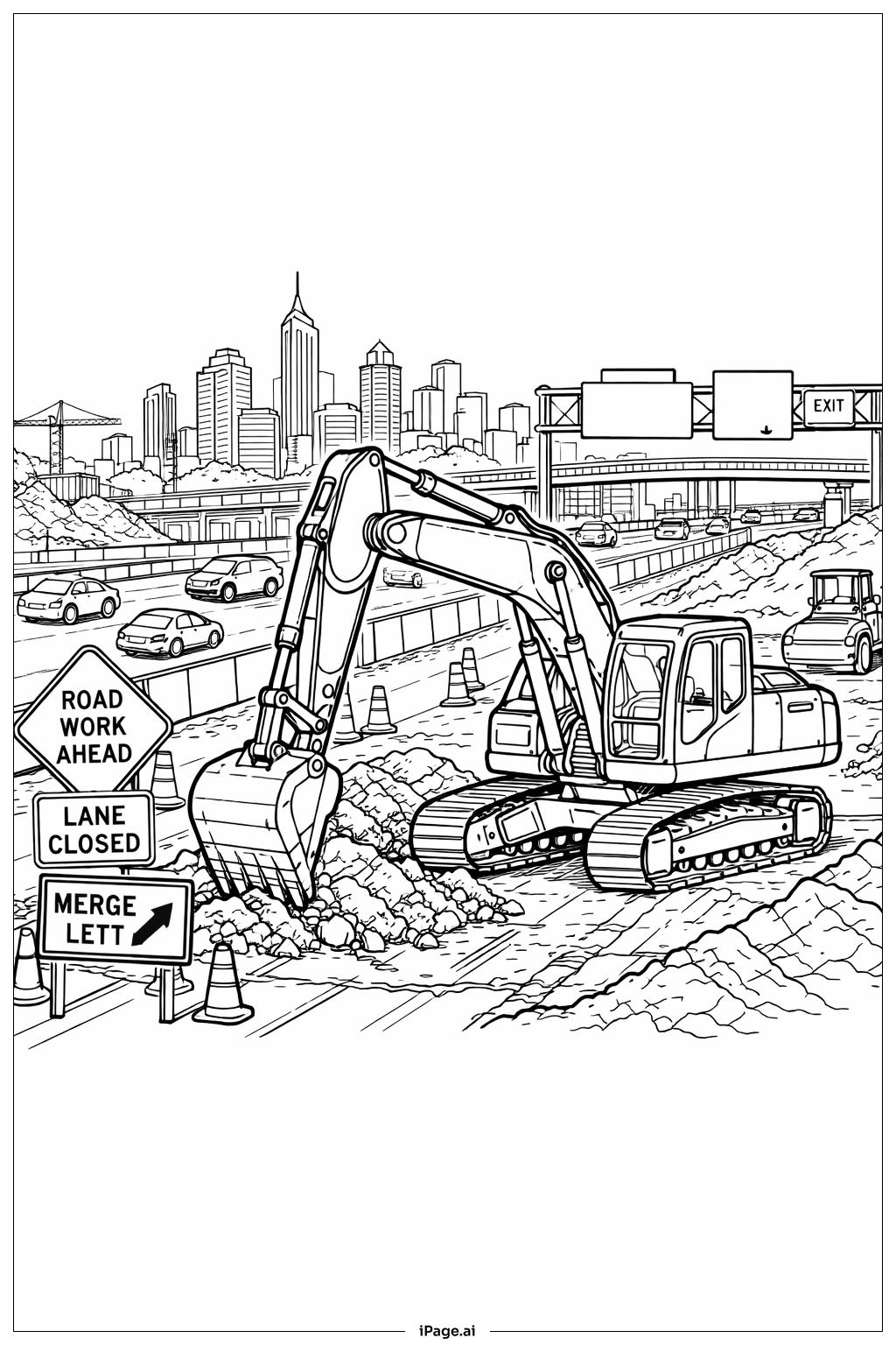  高速道路拡張作業中のショベルカーの塗り絵ページ 