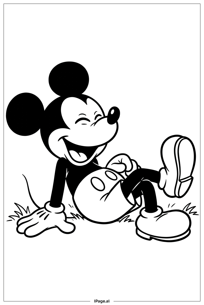 Micky Maus lacht beim Ausruhen im Gras Ausmalseite