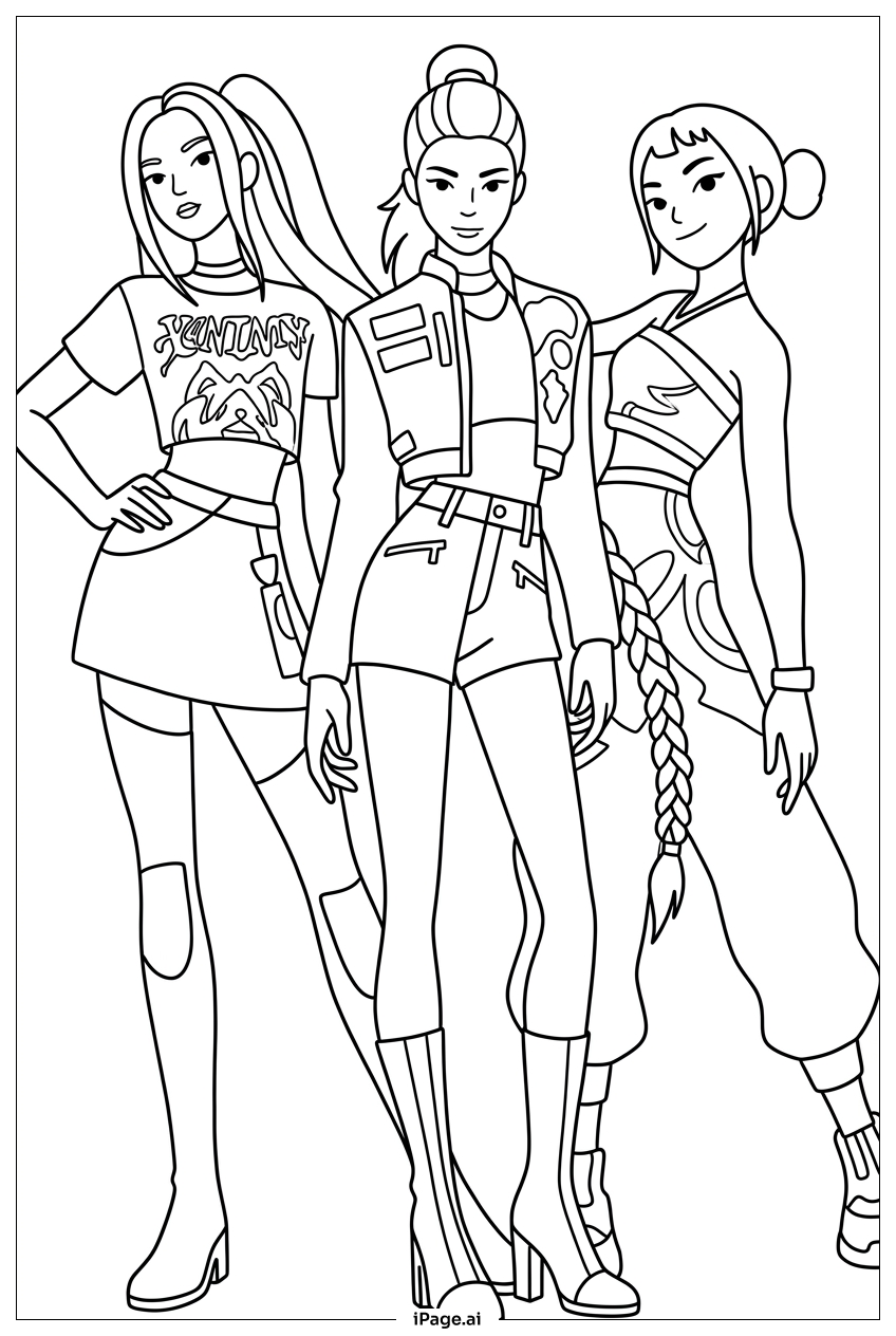  Kpop Demon Hunters fashion lineup before mission Coloring Page 