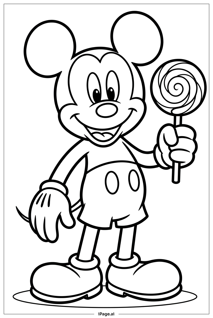 Micky Maus hält einen Wirbellullilutscher Ausmalseite