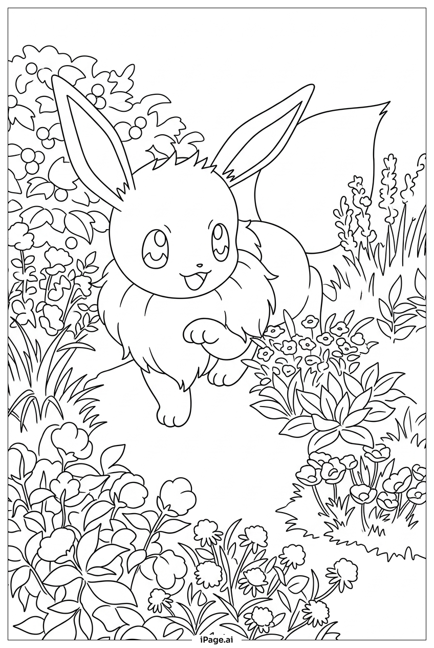 花の中でかくれんぼをするイーブイ 塗り絵ページ（無料のPDF＆PNG