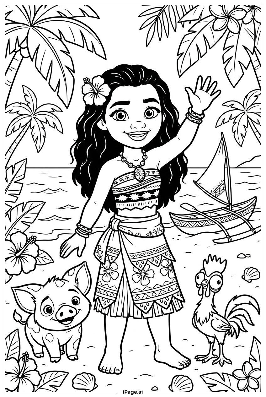 Page de coloriage Moana faisant signe fièrement avec Pua et Heihei
