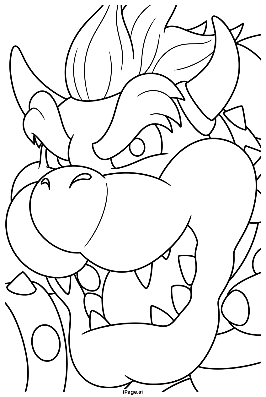 Extreme close up of grinning Bowser Coloring Page