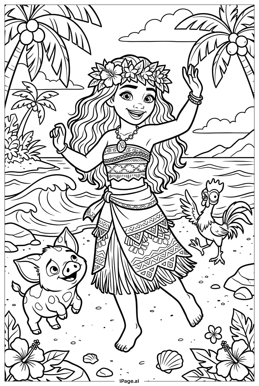 Page de coloriage Moana dansant joyeusement avec Pua et Heihei