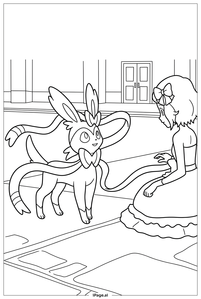  宮殿でトレーナーの友達と出会うSylveonの塗り絵ページ 