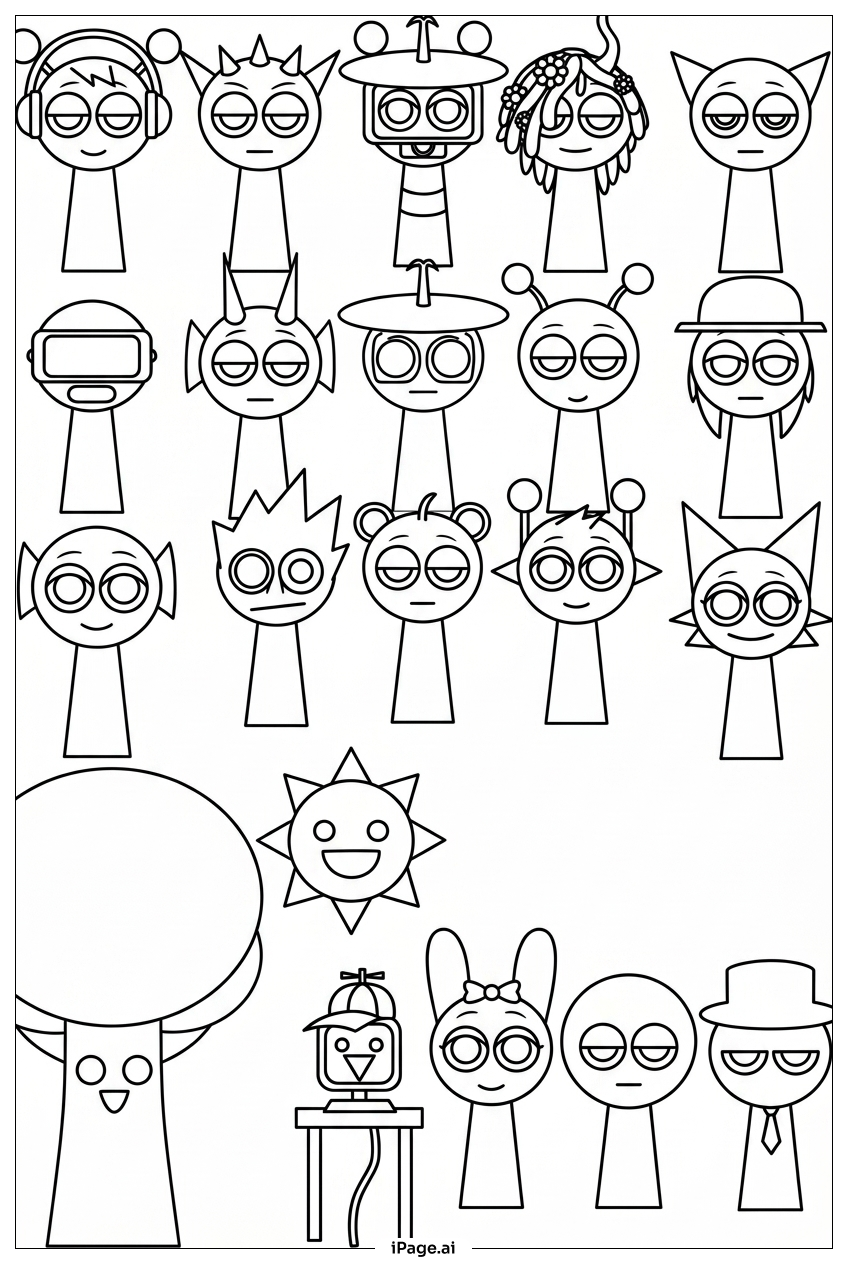 Página para colorir de Sprunki cast lineup pronto para aventura