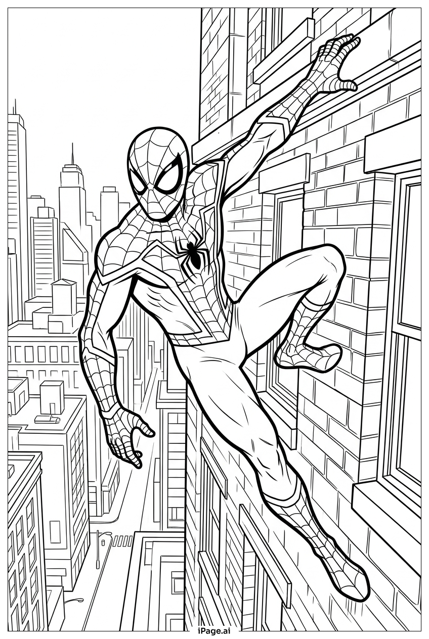 Página para colorir de Homem-Aranha sobe a parede de um arranha-céu acima da cidade