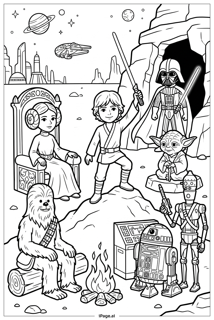  Star Wars campfire council under alien sky Coloring Page 