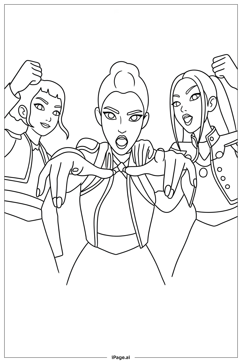  Kpop Demon Hunters trio cast rhythmic hexes Coloring Page 