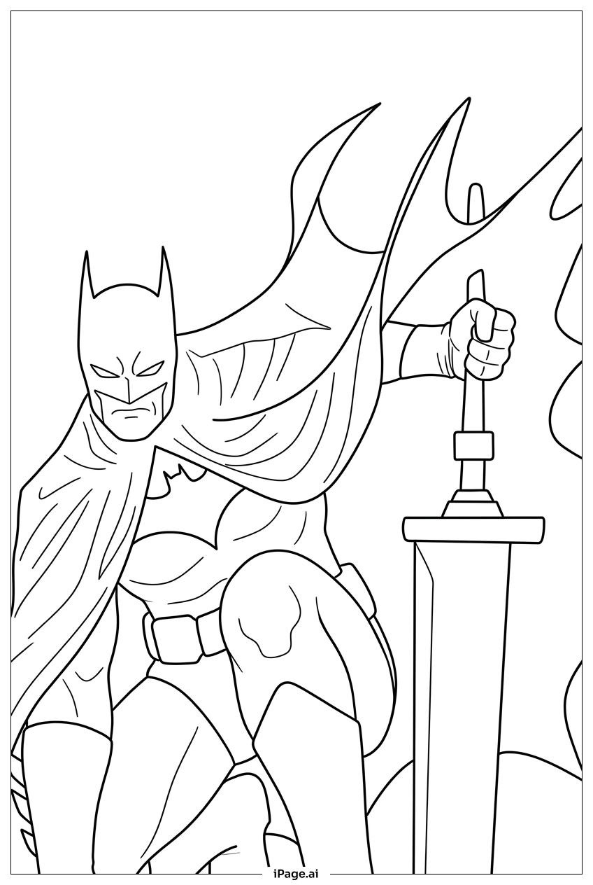 Batman Kneels Gripping Sword On Rooftop Coloring Page