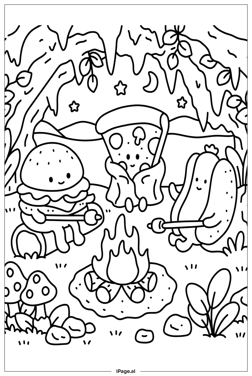Página para colorear de Festín de Fogata de Bobbie Goods con Meriendas Felices