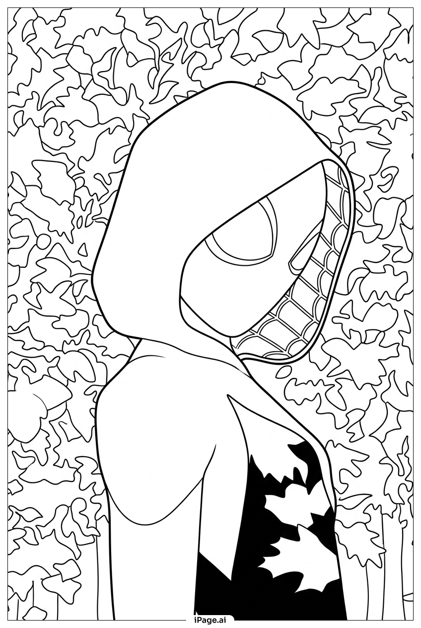 Spider Gwen hides quietly among autumn leaves Coloring Page