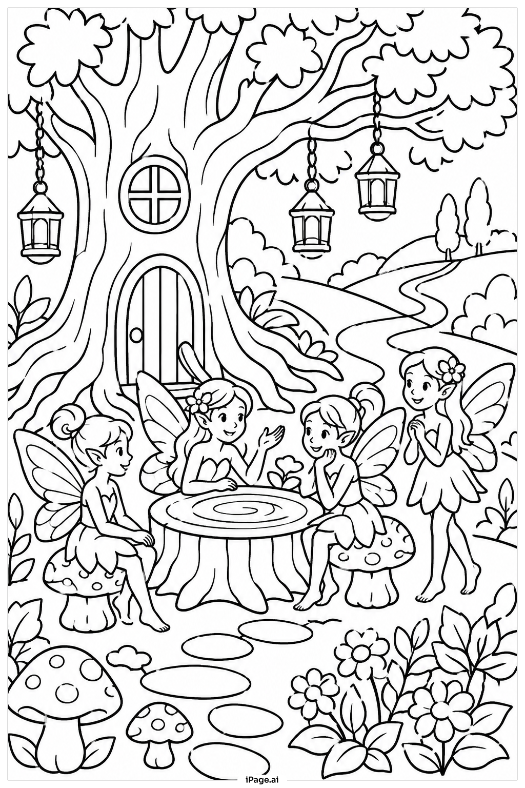 Fairies Around Oak Coloring Page