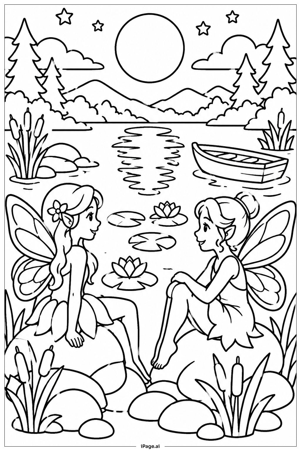 月明かりの湖の妖精の塗り絵ページ
