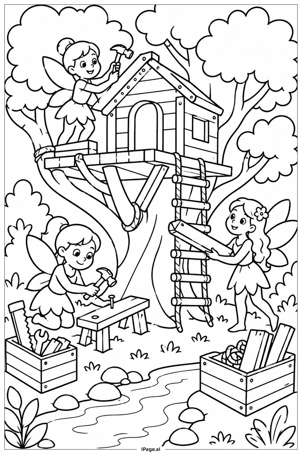 妖精のツリーハウス作りの塗り絵ページ