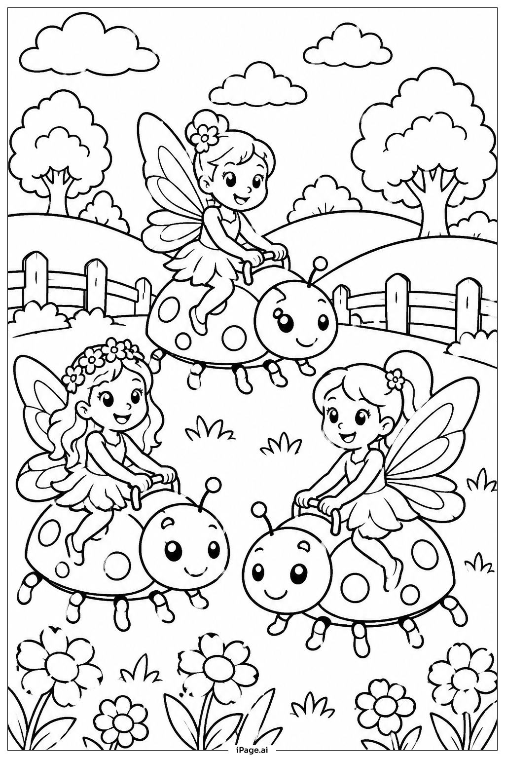 てんとうむしにのる妖精の塗り絵ページ