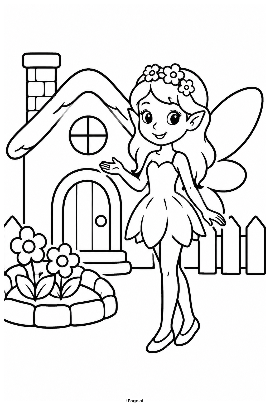 Fairy And Cottage Coloring Page