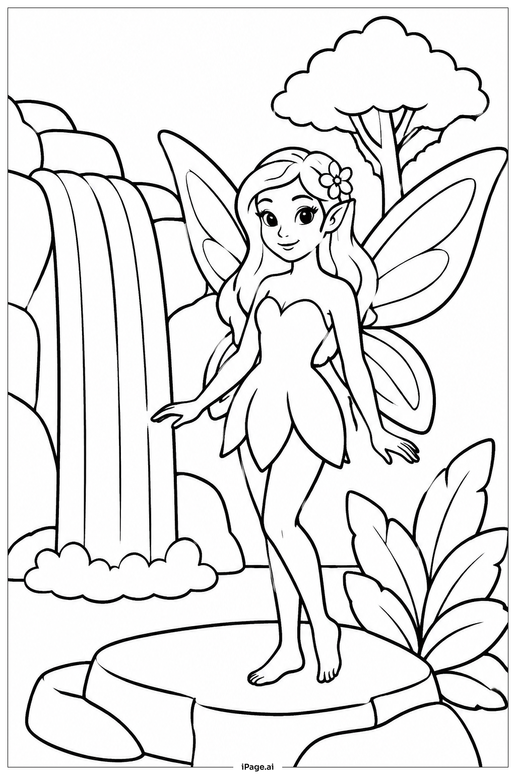 Página para colorear de Hada en la Cascada
