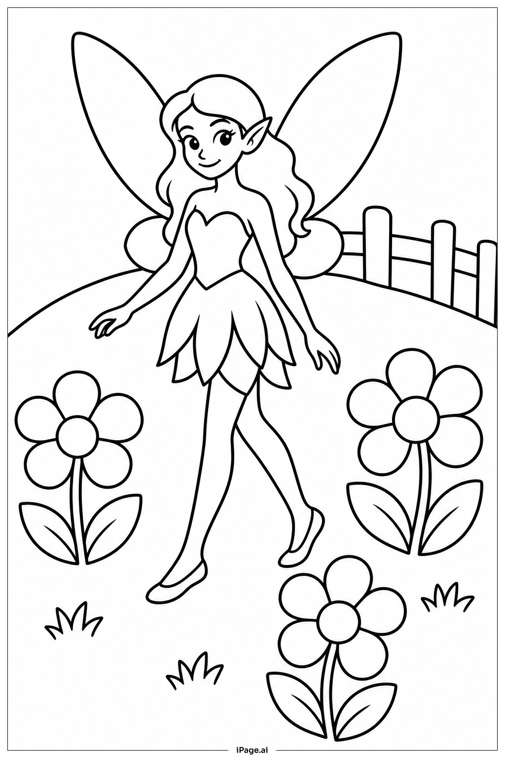 花の草原の妖精の塗り絵ページ