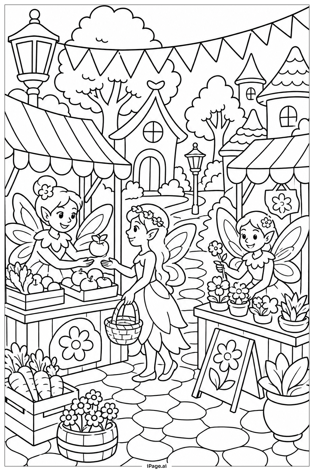  Fairy Village Market Coloring Page 
