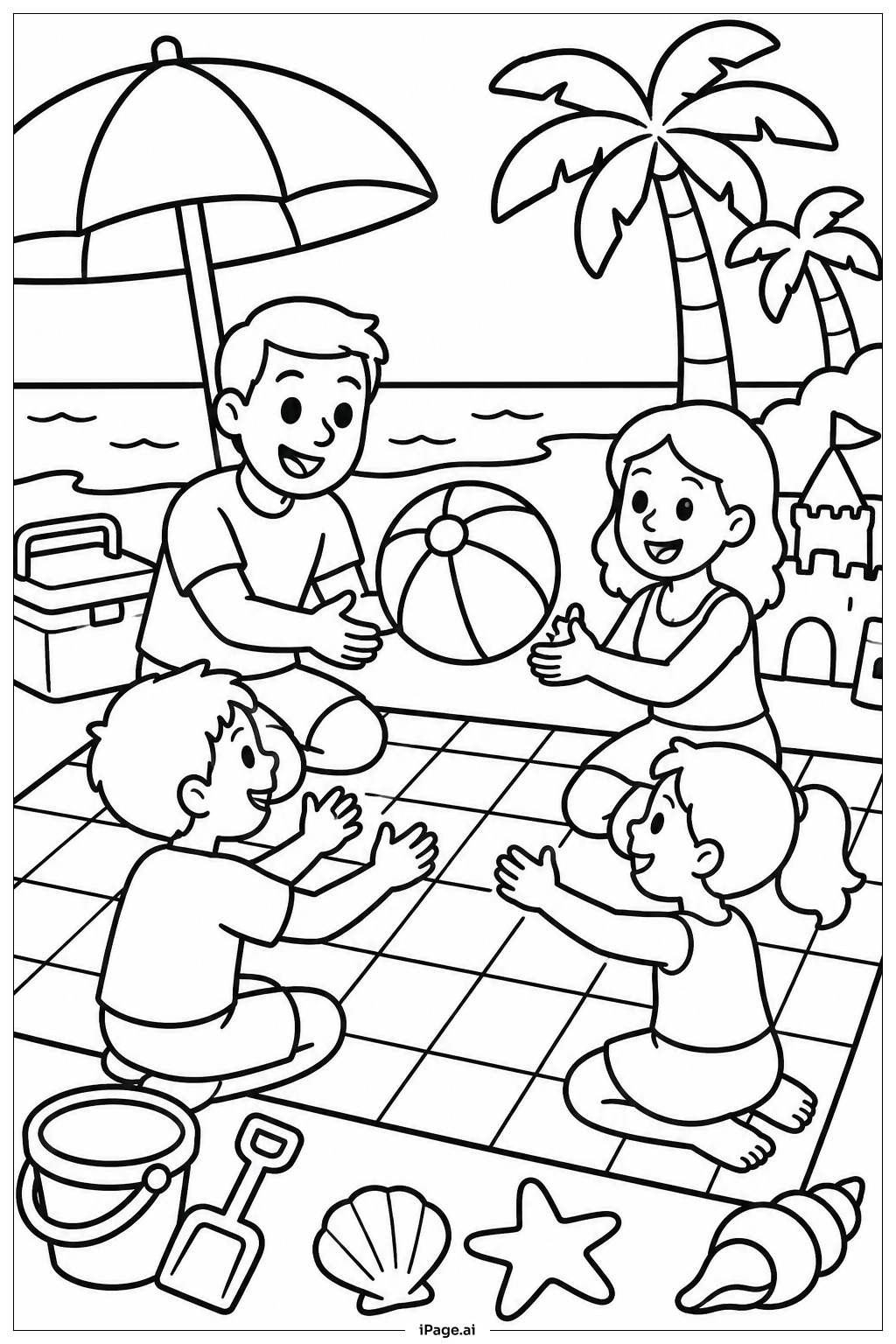 Familie mit Beach Ball Ausmalseite
