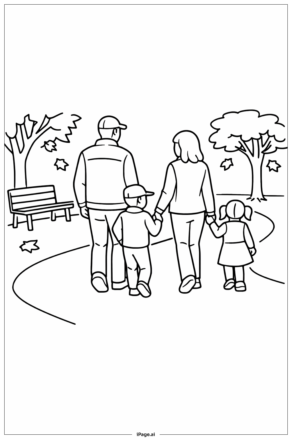  秋季公園家庭散步著色頁 
