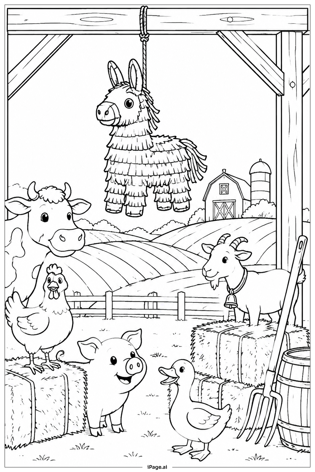 Página para colorear de Pinata de la granja de la cosecha