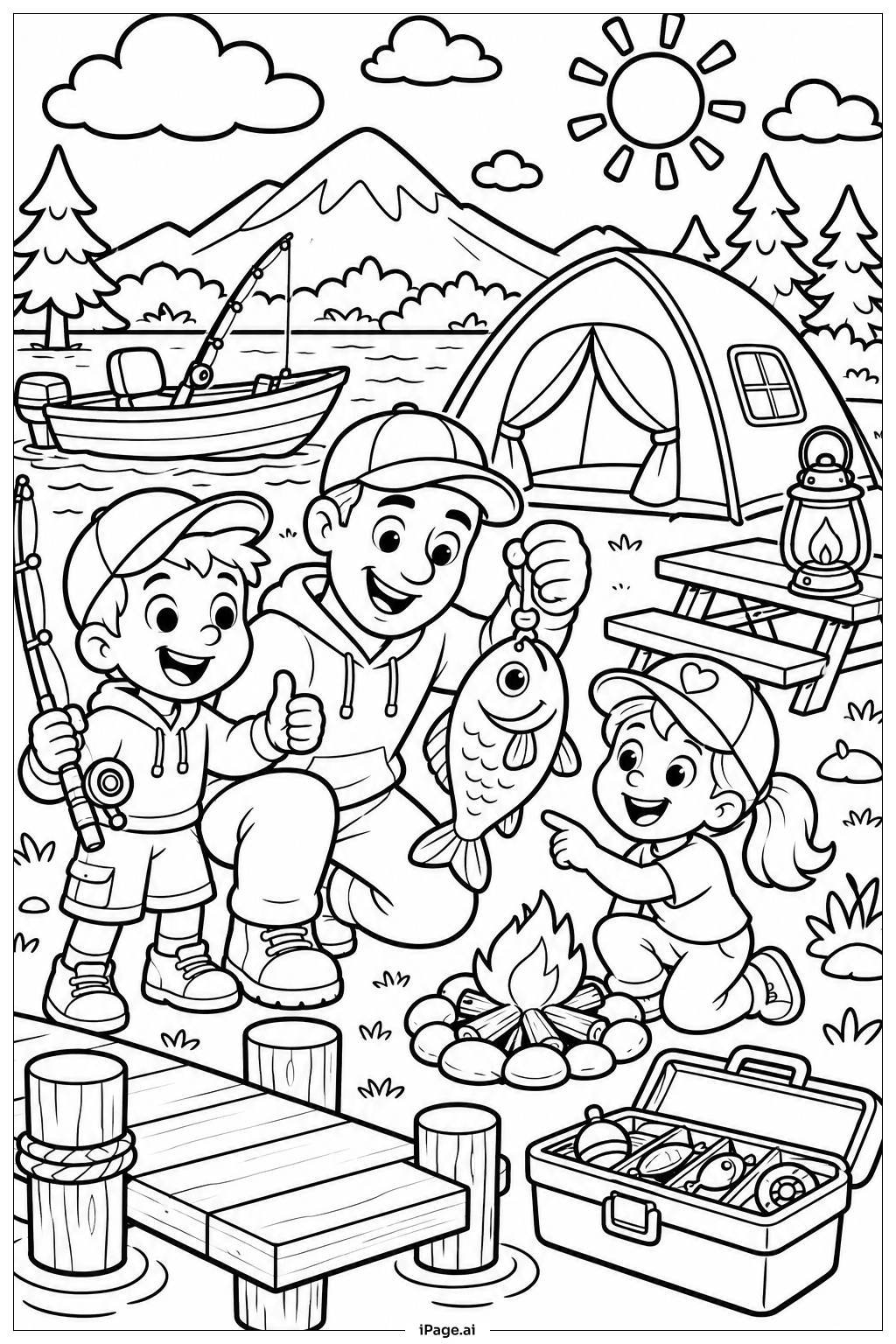 Page de coloriage Week-end de pêche pour la fête des pères