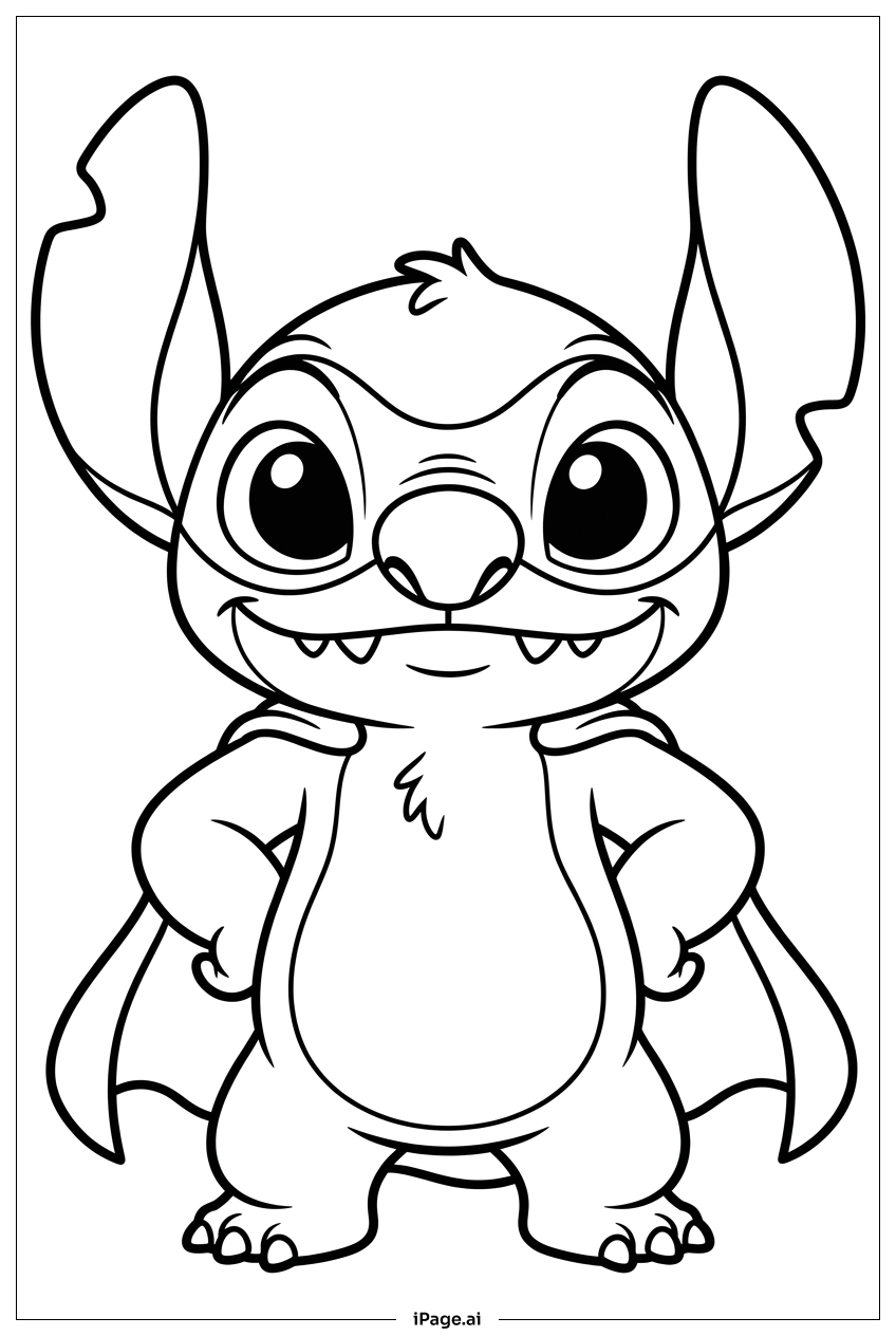スティッチが誇らしげにスーパーヒーローのマントを着用してポーズをとるの塗り絵ページ