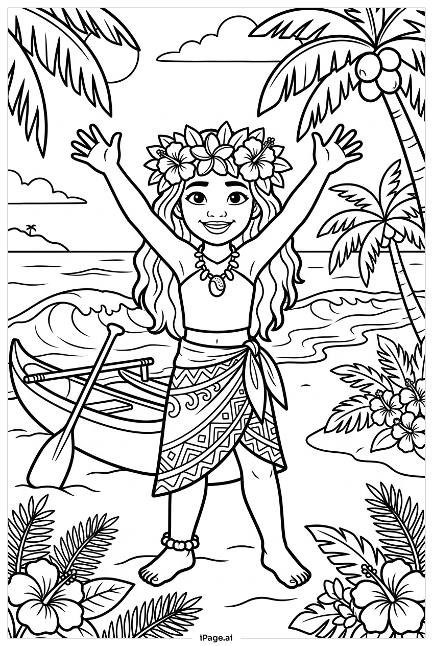 Page de coloriage Moana accueillant ses amis les bras ouverts et joyeux