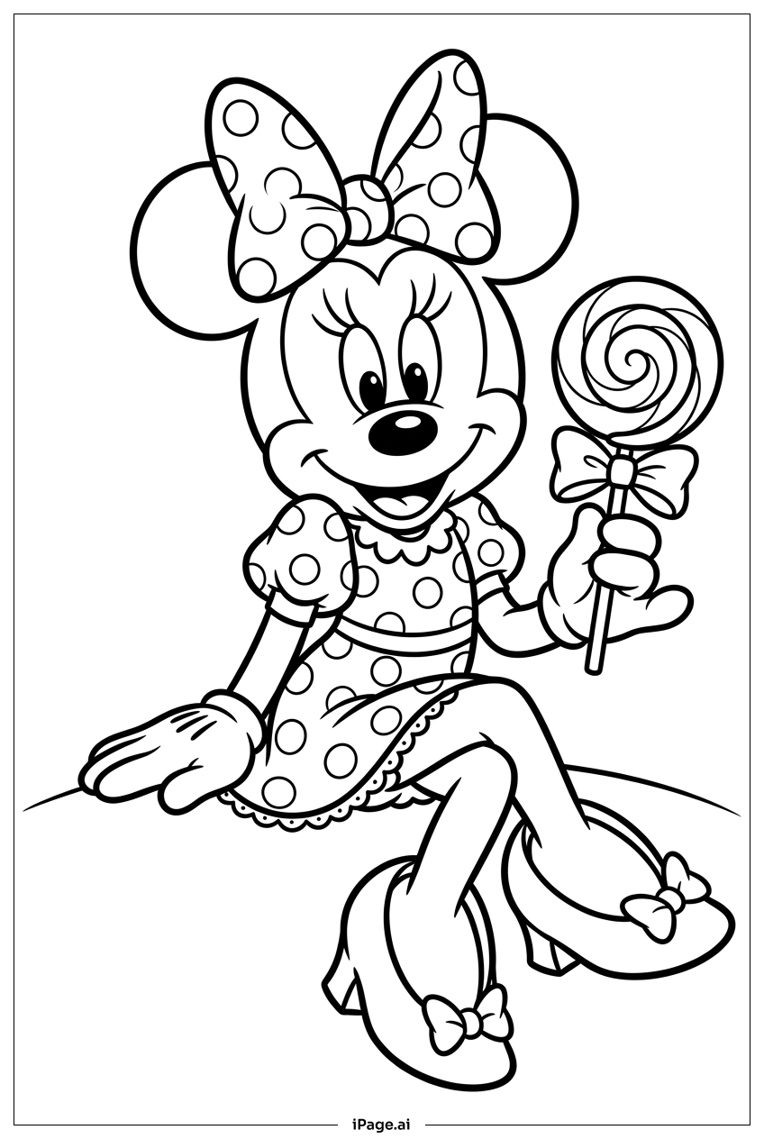 Minnie Mouse sitzt stolz mit einem riesigen Lolli Ausmalseite
