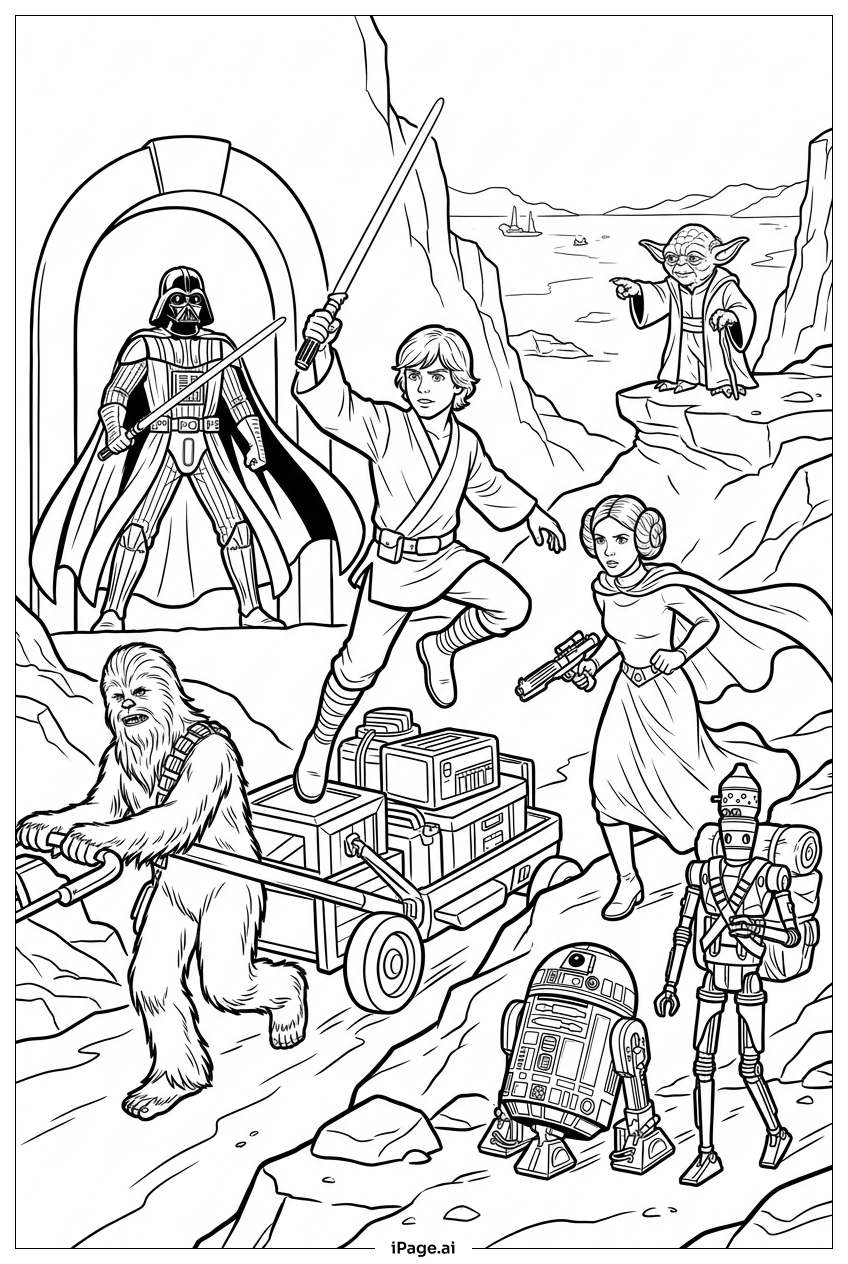  Star Wars canyon chase with lurking Vader Coloring Page 
