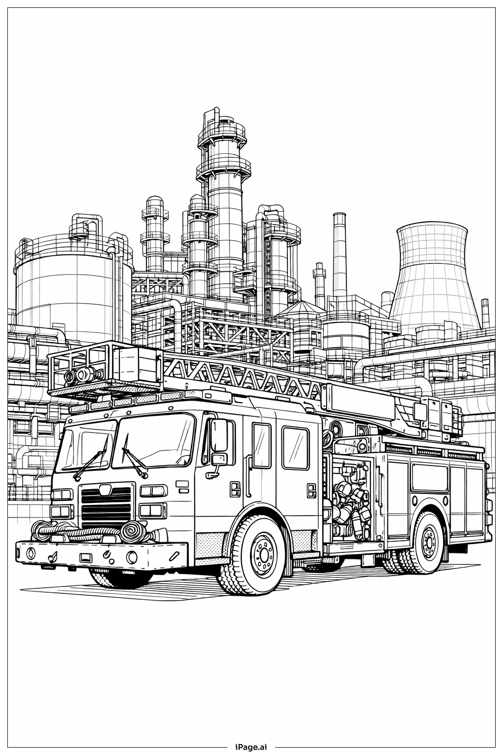 Página para colorear de Camión de Bomberos en Planta Industrial