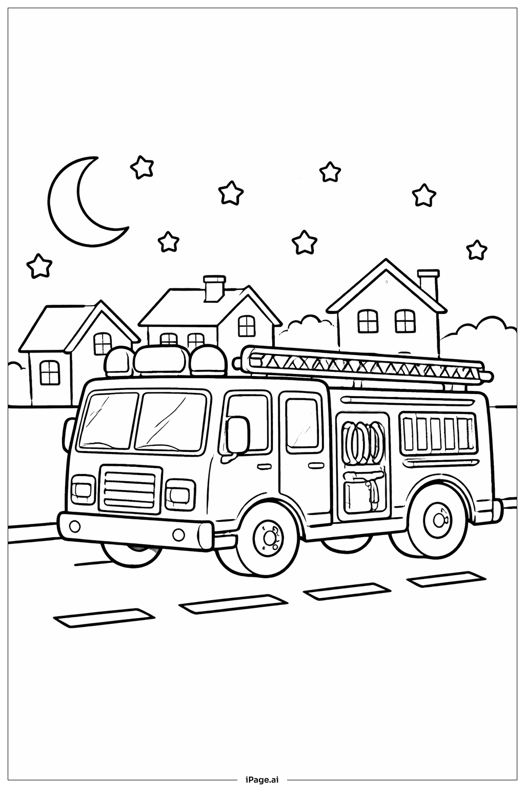 Fire Truck At Night Scene Coloring Page