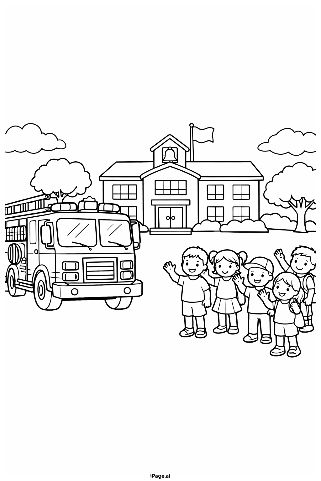  Feuerwehrauto beim Schulbesuch Ausmalseite 