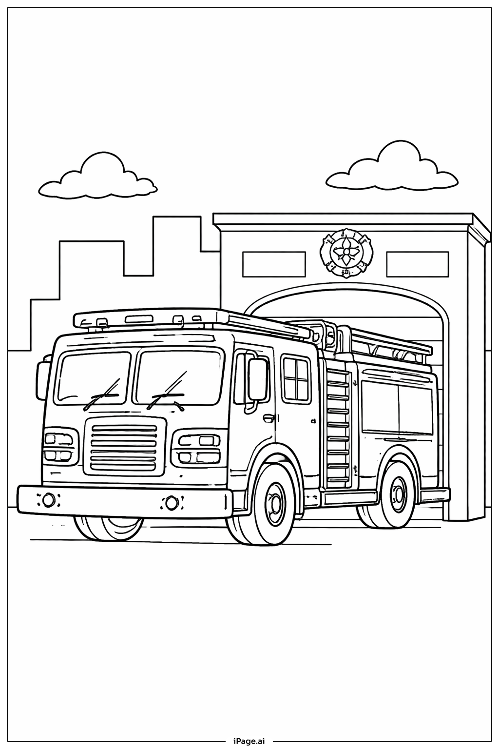  Page de coloriage Camion de pompiers à la caserne 