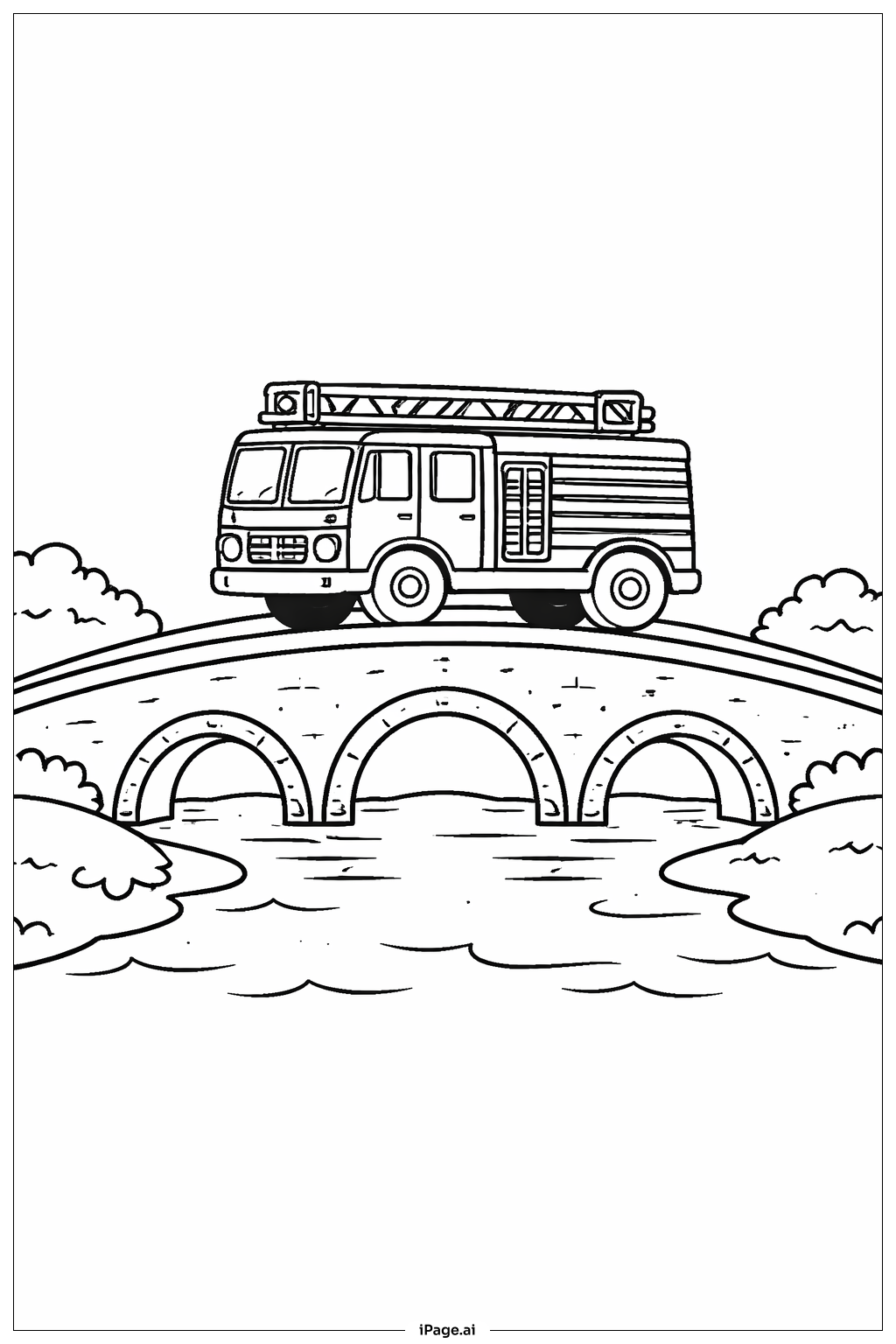  Feuerwehrauto überquert Brücke Ausmalseite 