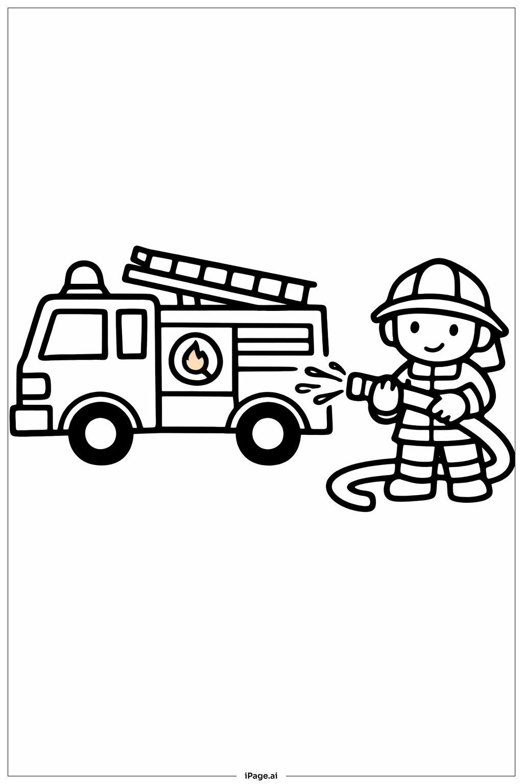  Page de coloriage Camion de pompier avec tuyau d'incendie 