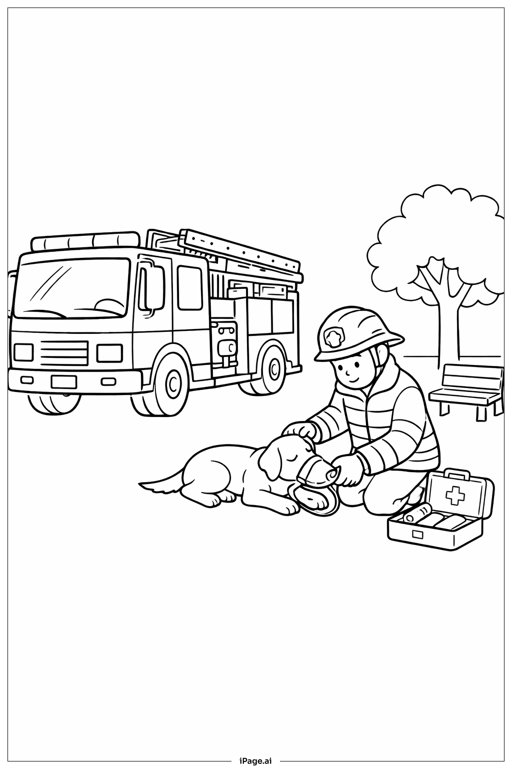  Feuerwehrfahrzeug hilft einem Hund Ausmalseite 