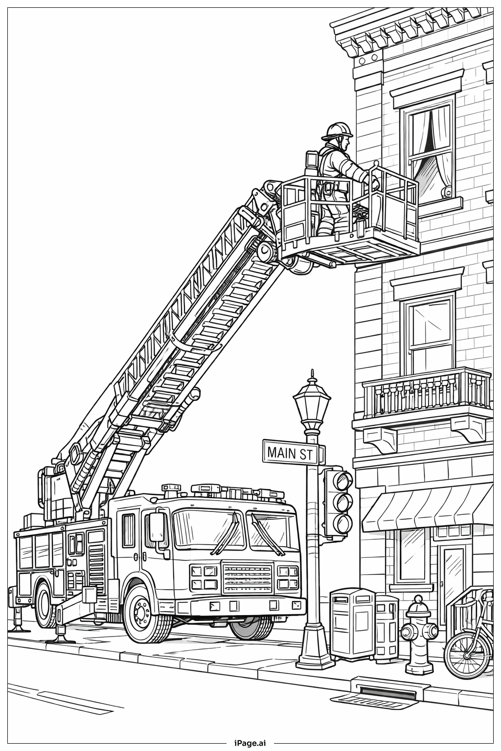 Página para colorear de Operación de Plataforma Hidráulica de Camión de Bomberos