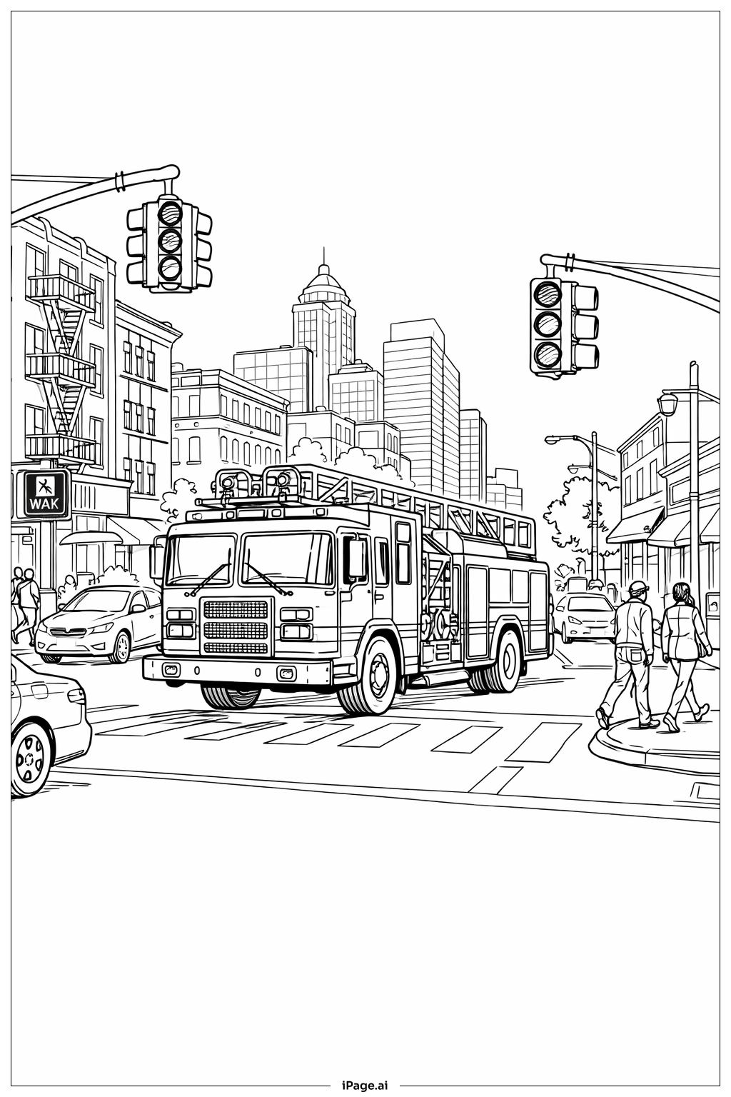  Feuerwehrwagen an einer belebten Kreuzung Ausmalseite 