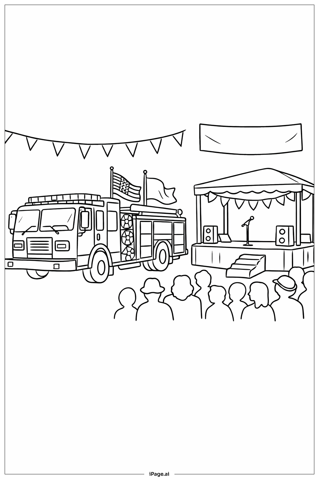 消防車遊行帶旗幟著色頁