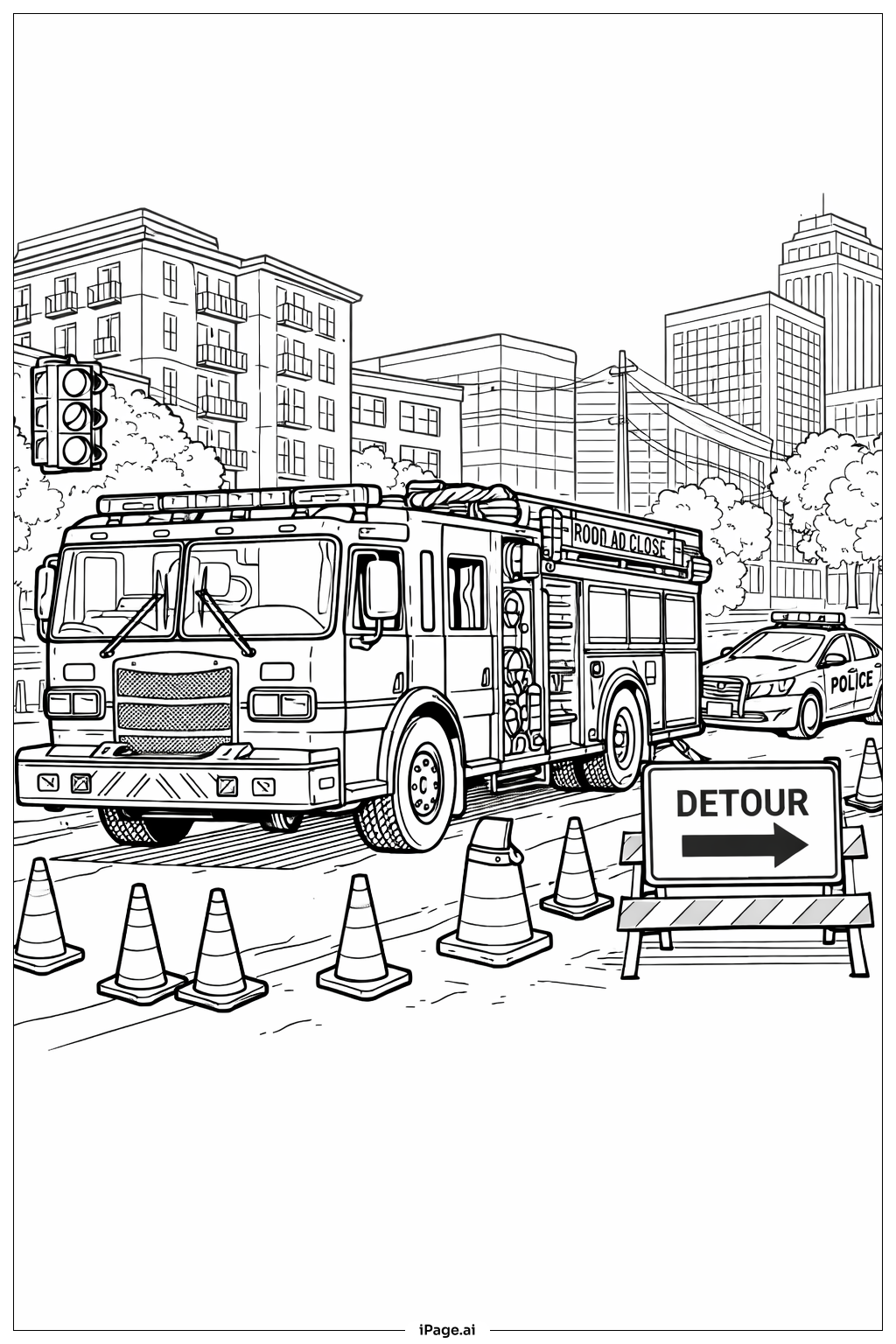 Fire Truck Traffic Control Scene Coloring Page