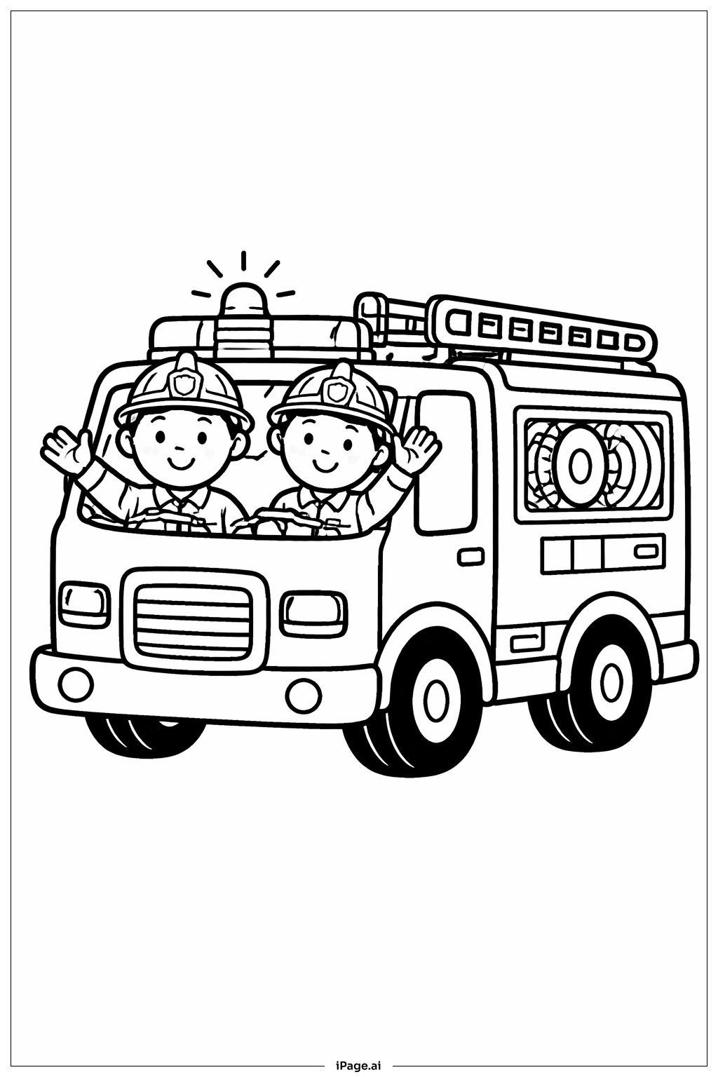  Page de coloriage Camion de pompiers avec pompiers qui saluent 