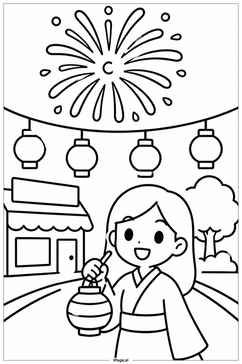  Página para colorear de Fuegos artificiales sobre faroles 