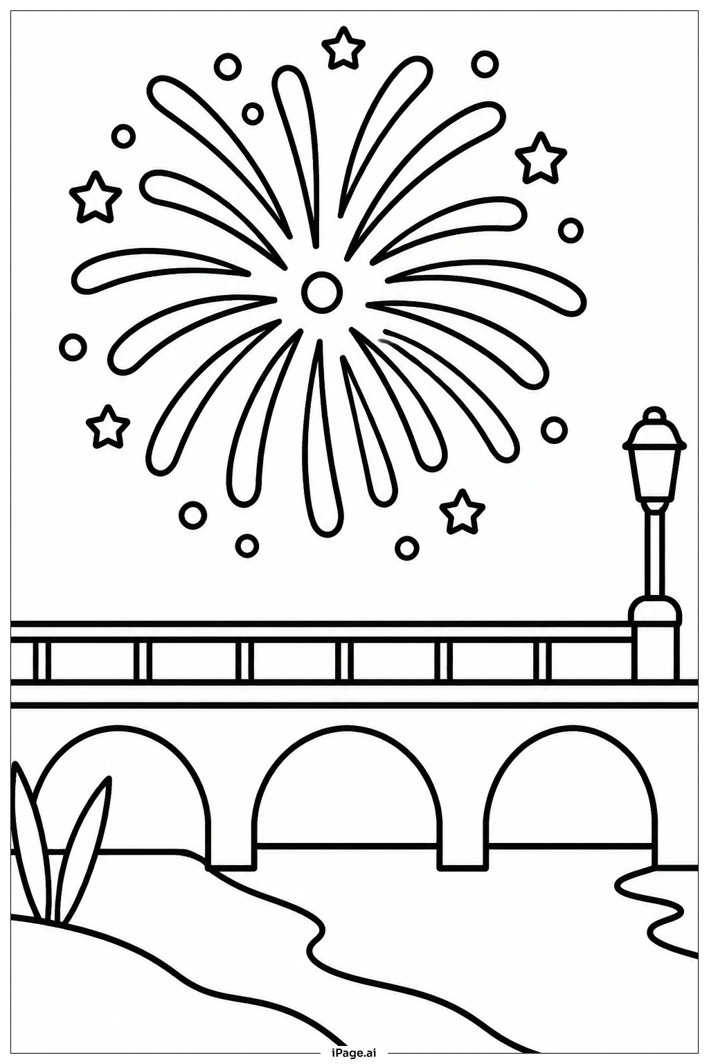  Página para colorear de Fuegos artificiales sobre el puente 