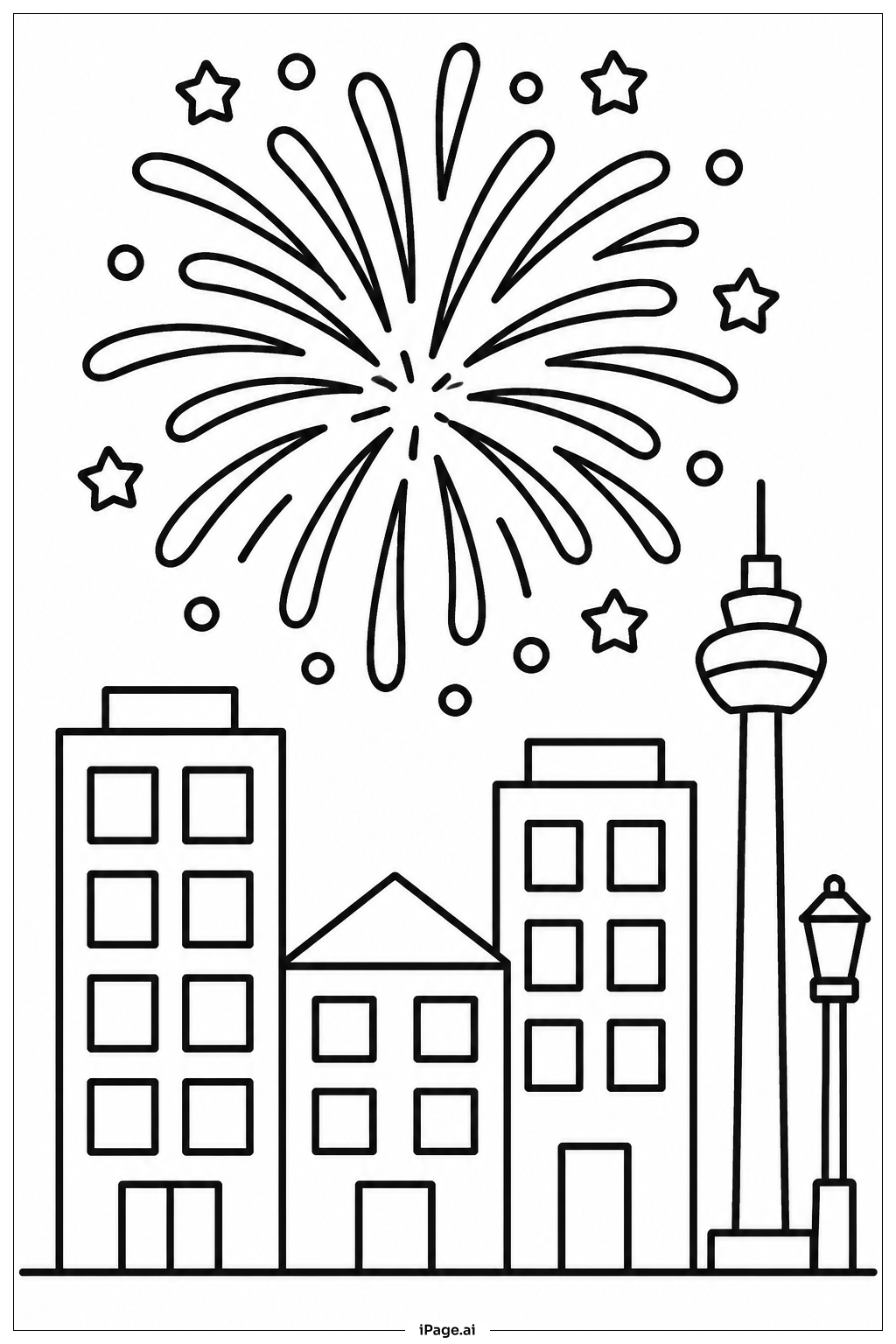  Firework Over City Skyline Coloring Page 