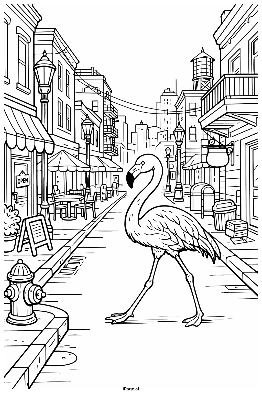  Flamingo-Stadtszene Ausmalseite 